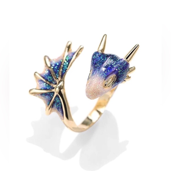 Jewelry - ✨3/$38 New Drip Glaze Glitter Blue Lucky Dragon Adjustable Statement Ring